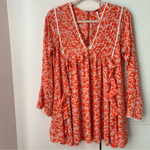 Free People Like You Best Floral Mini Dress Coral Bell Sleeve Boho Small S - Picture 2 of 6